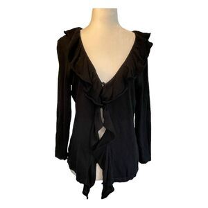 Talbots Ruffle Front Cardigan Sweater Black Knit One Button S
